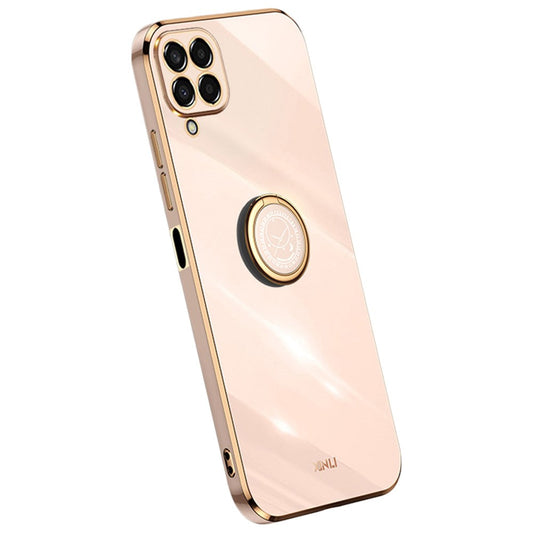 XINLI For Samsung Galaxy M33 5G (Global Version) Precise Lens Cutout Phone Case with Ring Kickstand Electroplating Golden Edge Bump Proof TPU Cover - Pink