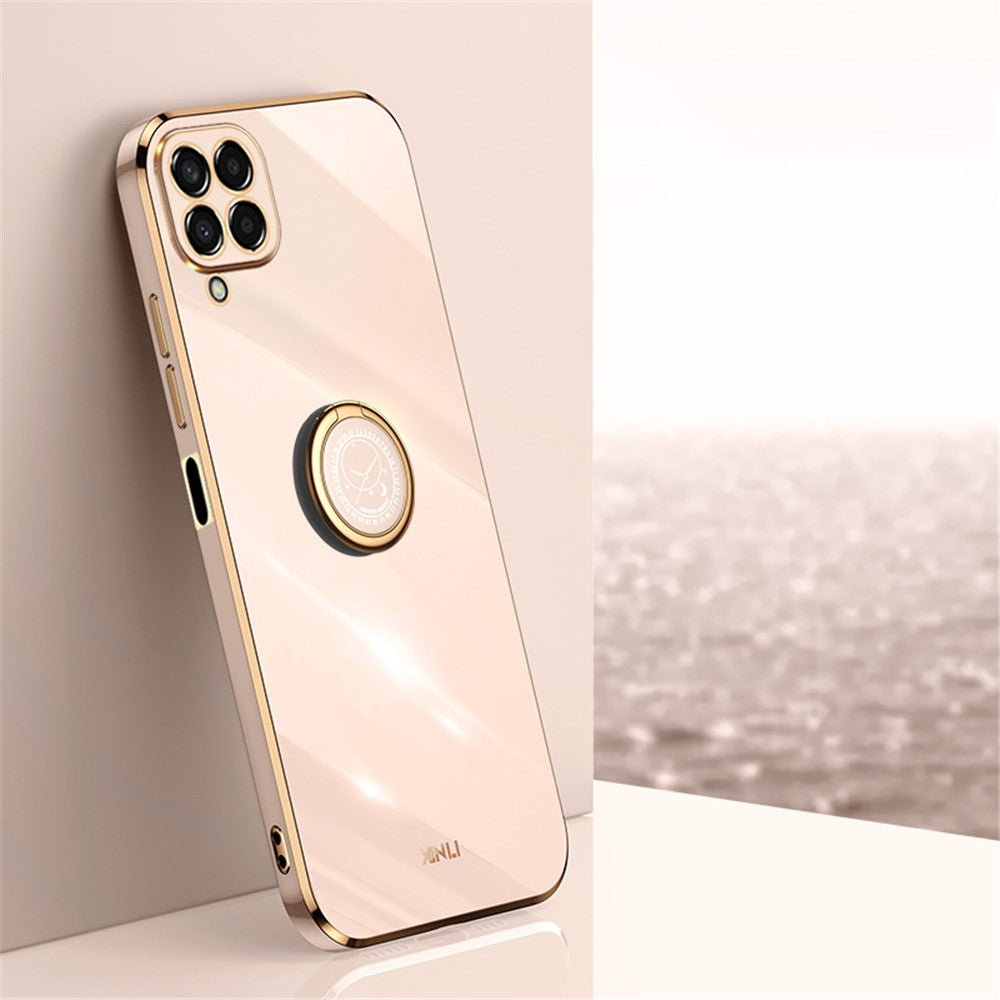 XINLI For Samsung Galaxy M33 5G (Global Version) Precise Lens Cutout Phone Case with Ring Kickstand Electroplating Golden Edge Bump Proof TPU Cover - Pink