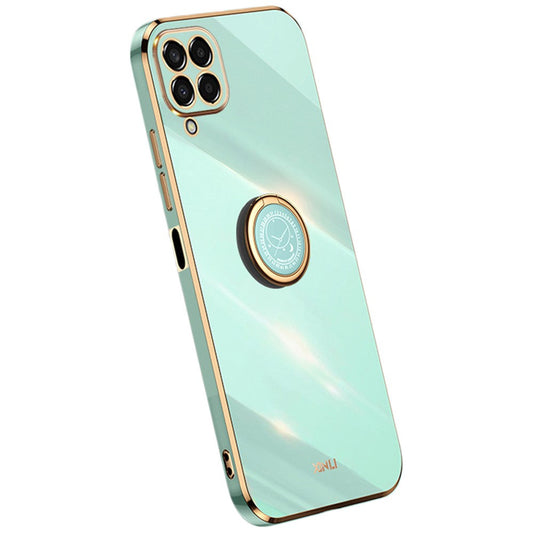 XINLI For Samsung Galaxy M53 5G Electroplating Golden Edge Soft TPU Cover Precise Lens Cutout Phone Case with Ring Kickstand - Cyan