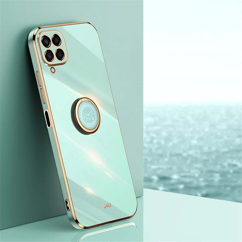 XINLI For Samsung Galaxy M53 5G Electroplating Golden Edge Soft TPU Cover Precise Lens Cutout Phone Case with Ring Kickstand - Cyan