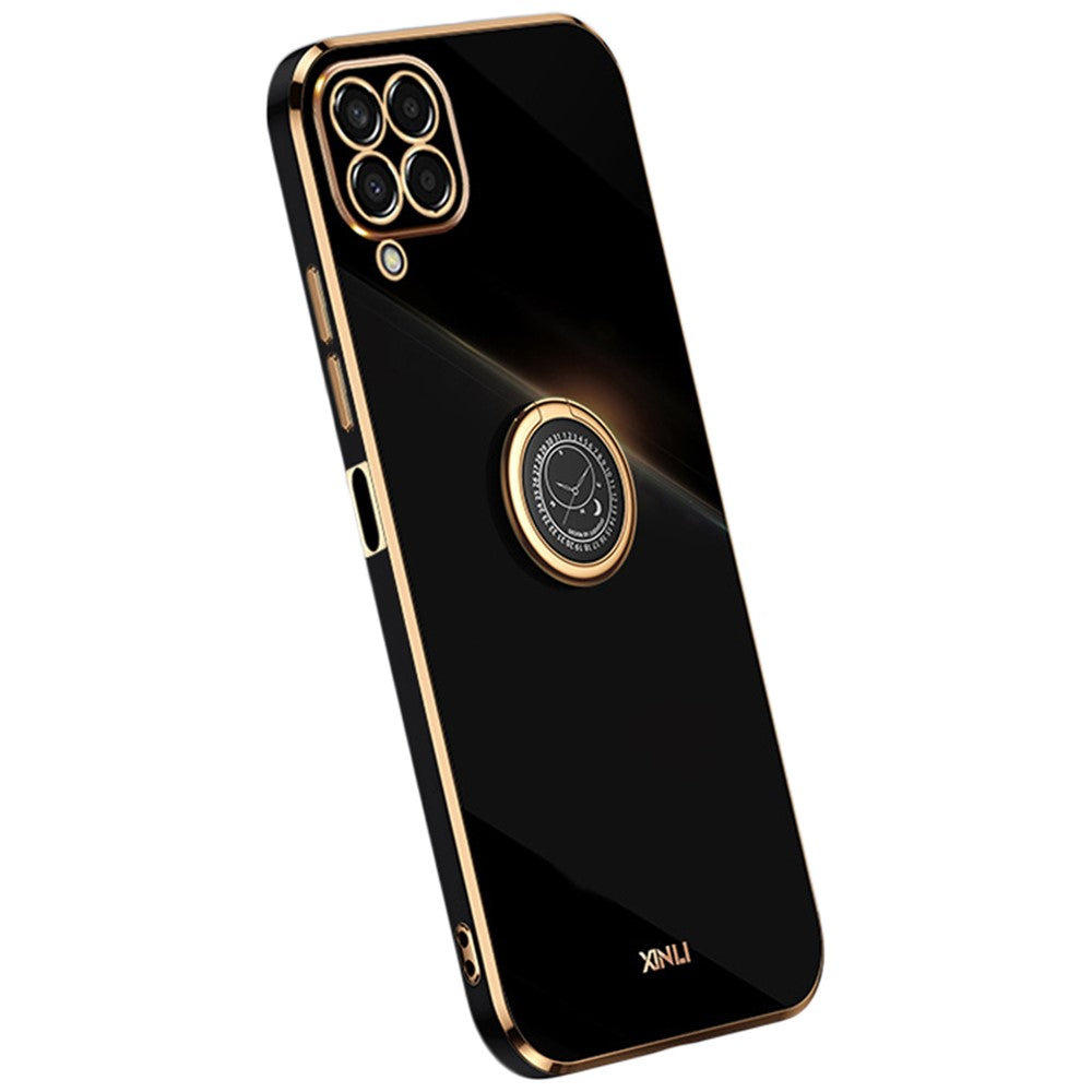 XINLI For Samsung Galaxy M53 5G Electroplating Golden Edge Soft TPU Cover Precise Lens Cutout Phone Case with Ring Kickstand - Black