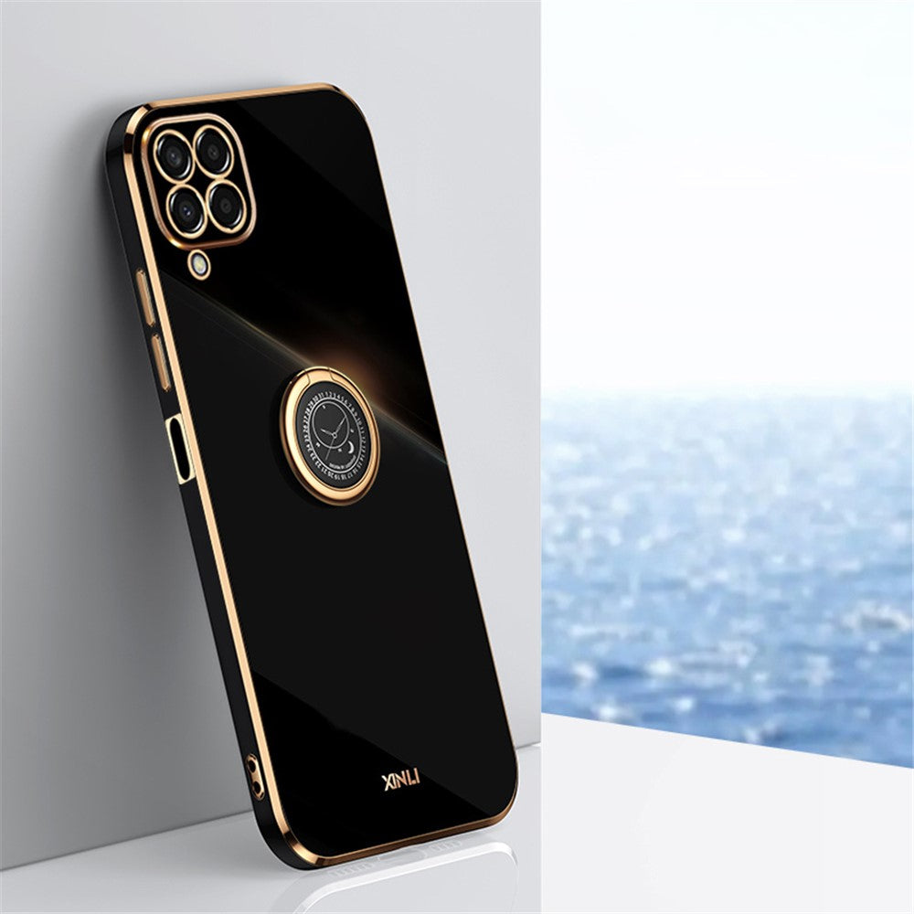 XINLI For Samsung Galaxy M53 5G Electroplating Golden Edge Soft TPU Cover Precise Lens Cutout Phone Case with Ring Kickstand - Black