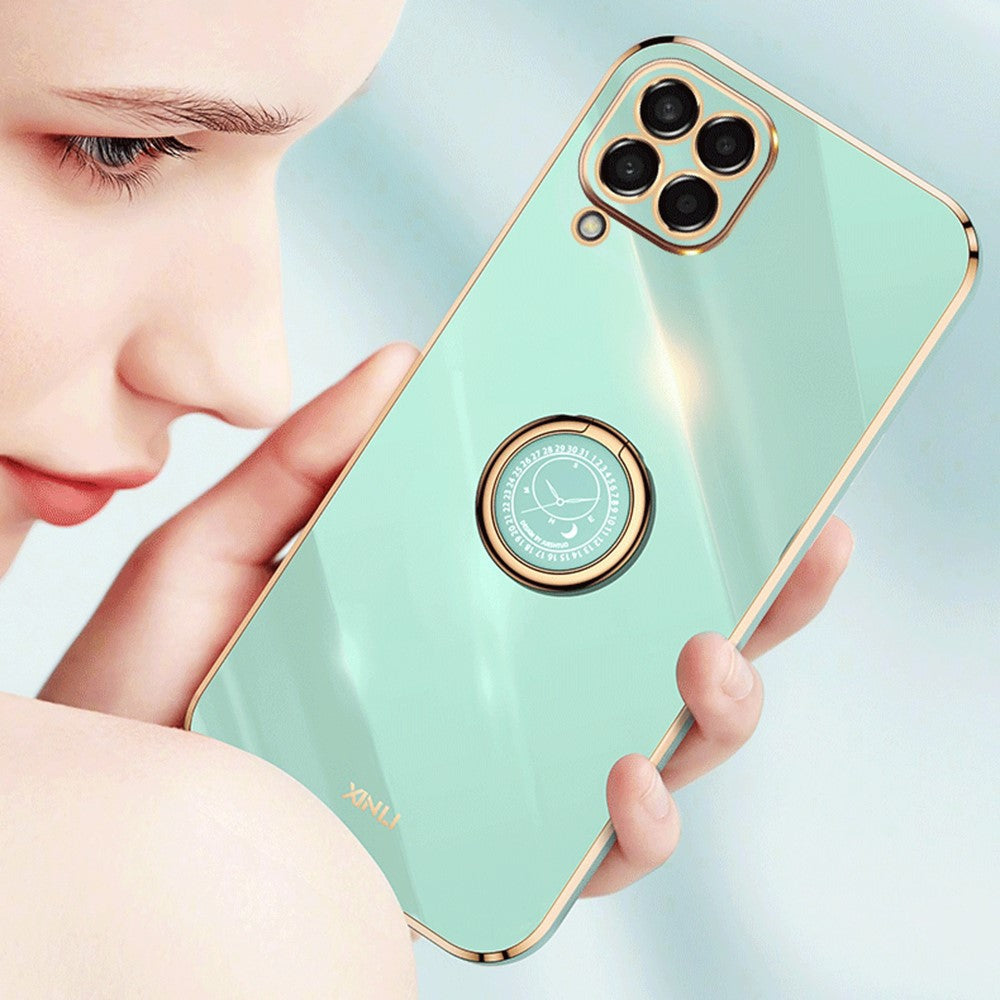 XINLI For Samsung Galaxy M53 5G Electroplating Golden Edge Soft TPU Cover Precise Lens Cutout Phone Case with Ring Kickstand - Black
