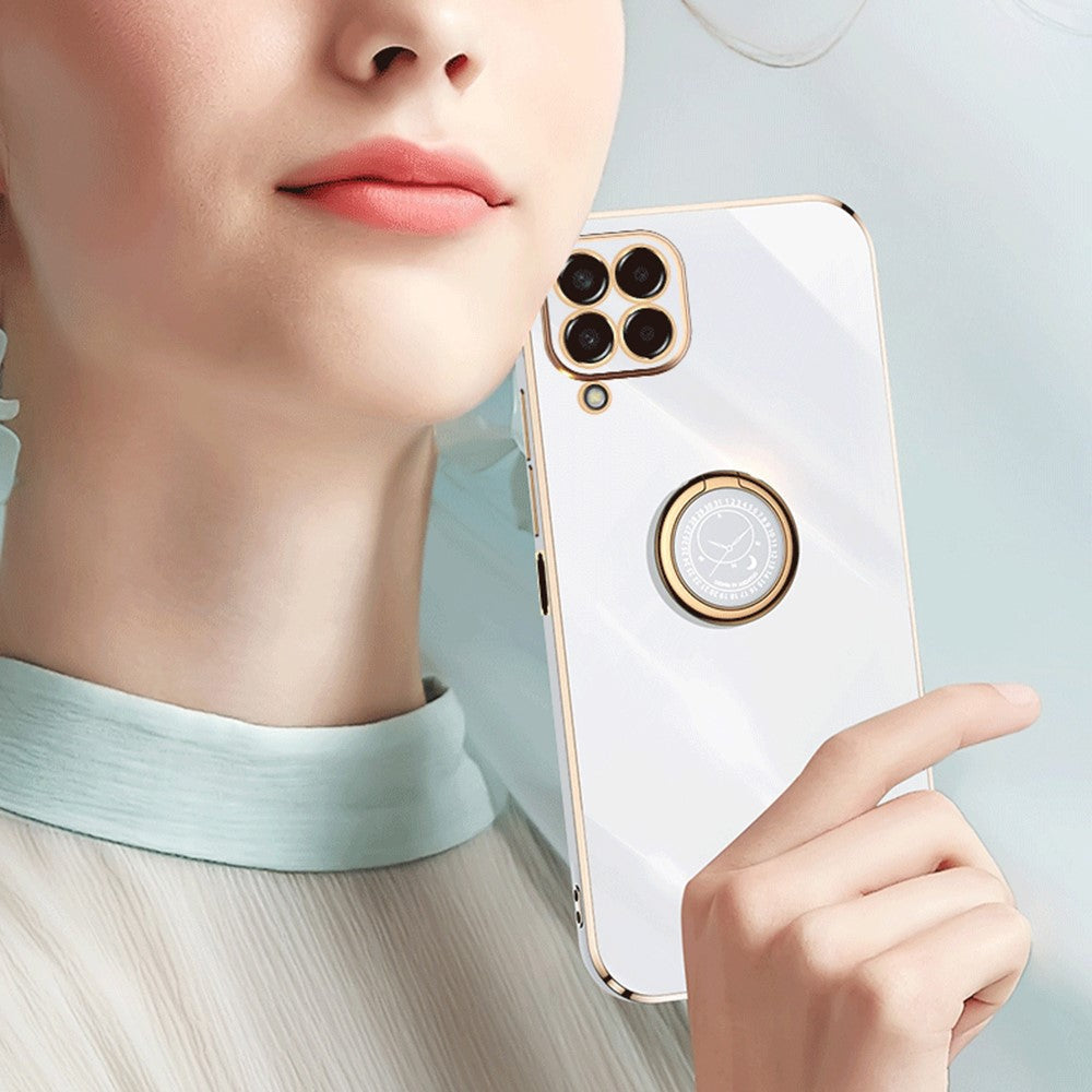XINLI For Samsung Galaxy M53 5G Electroplating Golden Edge Soft TPU Cover Precise Lens Cutout Phone Case with Ring Kickstand - Black
