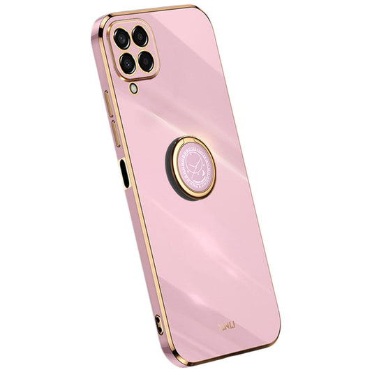 XINLI For Samsung Galaxy M53 5G Electroplating Golden Edge Soft TPU Cover Precise Lens Cutout Phone Case with Ring Kickstand - Purple