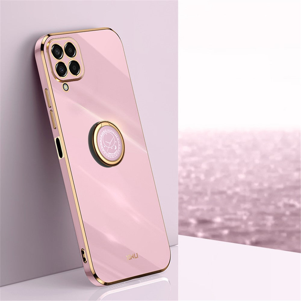 XINLI For Samsung Galaxy M53 5G Electroplating Golden Edge Soft TPU Cover Precise Lens Cutout Phone Case with Ring Kickstand - Purple
