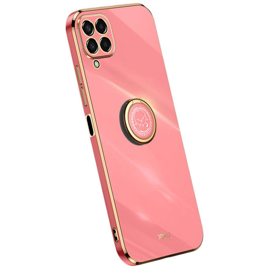 XINLI For Samsung Galaxy M53 5G Electroplating Golden Edge Soft TPU Cover Precise Lens Cutout Phone Case with Ring Kickstand - Red