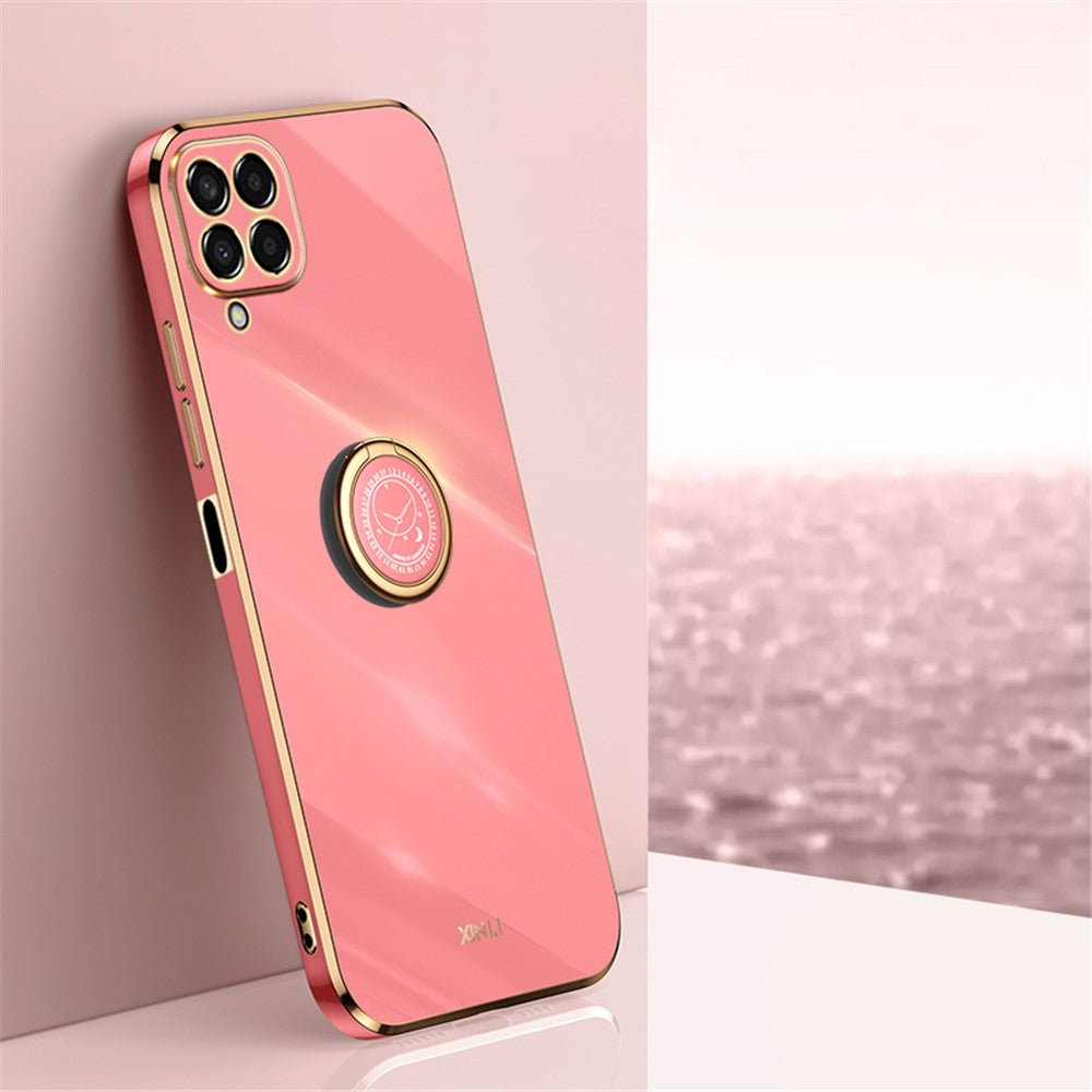 XINLI For Samsung Galaxy M53 5G Electroplating Golden Edge Soft TPU Cover Precise Lens Cutout Phone Case with Ring Kickstand - Red