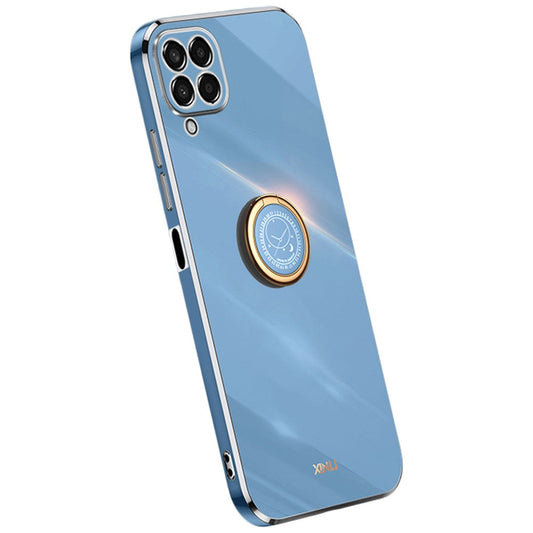 XINLI For Samsung Galaxy M53 5G Electroplating Golden Edge Soft TPU Cover Precise Lens Cutout Phone Case with Ring Kickstand - Blue
