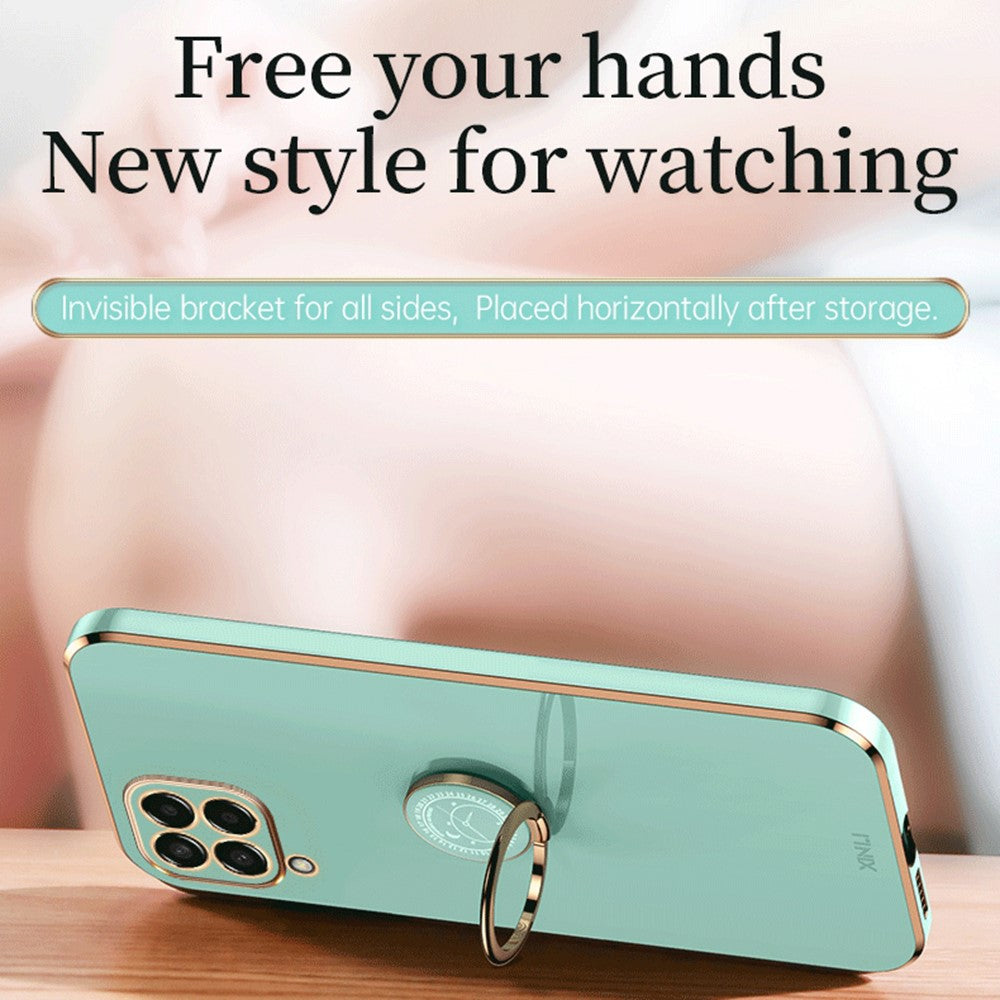 XINLI For Samsung Galaxy M53 5G Electroplating Golden Edge Soft TPU Cover Precise Lens Cutout Phone Case with Ring Kickstand - Blue