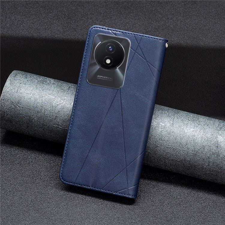 For vivo Y02 4G Imprinting Pattern Splicing PU Leather Cover Card Holder Cell Phone Stand Case - Blue