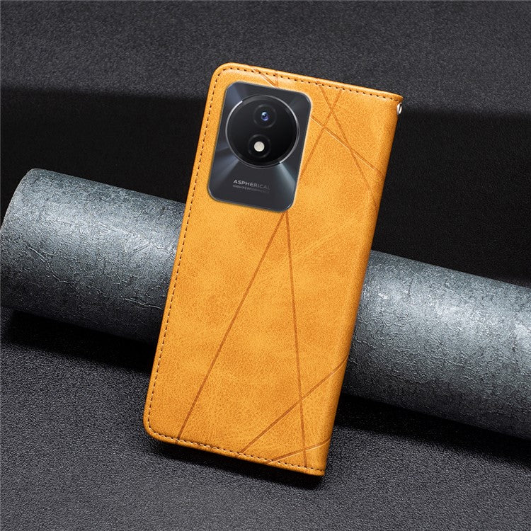 For vivo Y02 4G Imprinting Pattern Splicing PU Leather Cover Card Holder Cell Phone Stand Case - Yellow