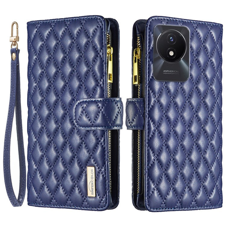 BINFEN COLOR BF Style-15 for vivo Y02 4G PU Leather Case Wallet Stand Zipper Pocket Phone Cover with Strap - Blue