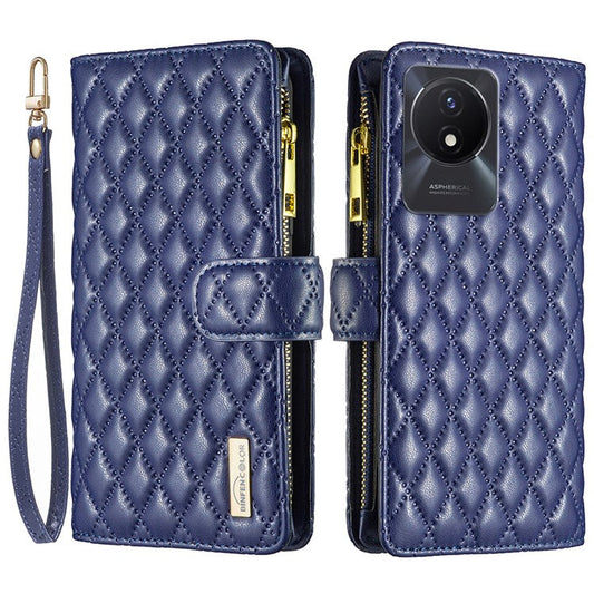 BINFEN COLOR BF Style-15 for vivo Y02 4G PU Leather Case Wallet Stand Zipper Pocket Phone Cover with Strap - Blue