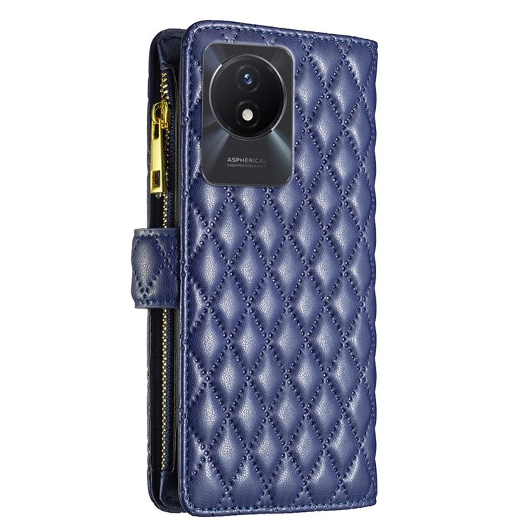 BINFEN COLOR BF Style-15 for vivo Y02 4G PU Leather Case Wallet Stand Zipper Pocket Phone Cover with Strap - Blue