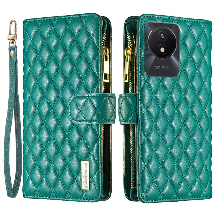 BINFEN COLOR BF Style-15 for vivo Y02 4G PU Leather Case Wallet Stand Zipper Pocket Phone Cover with Strap - Green
