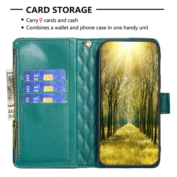 BINFEN COLOR BF Style-15 for vivo Y02 4G PU Leather Case Wallet Stand Zipper Pocket Phone Cover with Strap - Green
