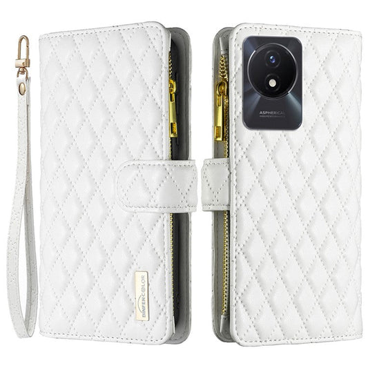 BINFEN COLOR BF Style-15 for vivo Y02 4G PU Leather Case Wallet Stand Zipper Pocket Phone Cover with Strap - White