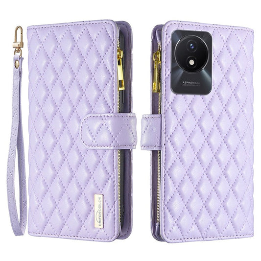 BINFEN COLOR BF Style-15 for vivo Y02 4G PU Leather Case Wallet Stand Zipper Pocket Phone Cover with Strap - Purple