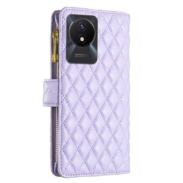 BINFEN COLOR BF Style-15 for vivo Y02 4G PU Leather Case Wallet Stand Zipper Pocket Phone Cover with Strap - Purple