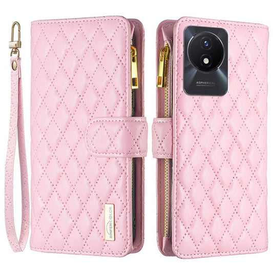 BINFEN COLOR BF Style-15 for vivo Y02 4G PU Leather Case Wallet Stand Zipper Pocket Phone Cover with Strap - Pink