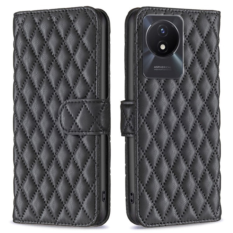 BINFEN COLOR BF Style-14 For vivo Y02 4G Imprinted PU Leather Wallet Phone Case Flip Folio Stand Cover - Black