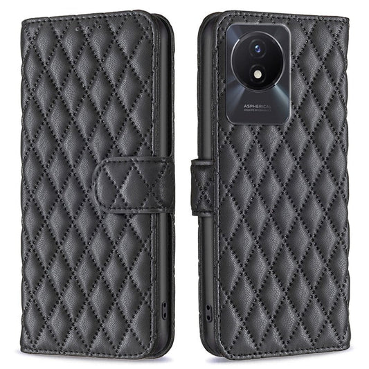 BINFEN COLOR BF Style-14 For vivo Y02 4G Imprinted PU Leather Wallet Phone Case Flip Folio Stand Cover - Black