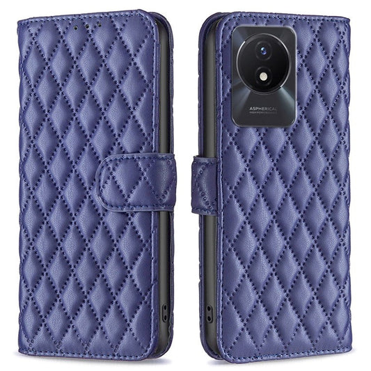 BINFEN COLOR BF Style-14 For vivo Y02 4G Imprinted PU Leather Wallet Phone Case Flip Folio Stand Cover - Blue