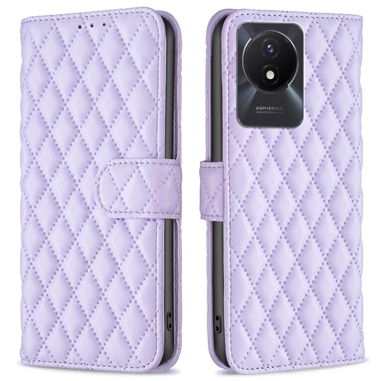 BINFEN COLOR BF Style-14 For vivo Y02 4G Imprinted PU Leather Wallet Phone Case Flip Folio Stand Cover - Purple