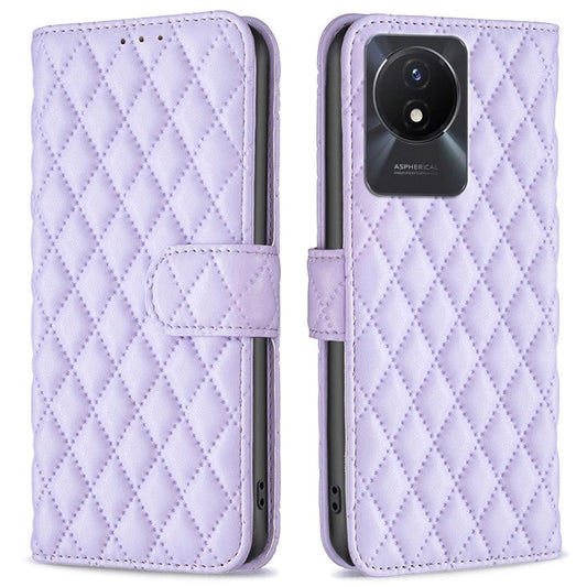 BINFEN COLOR BF Style-14 For vivo Y02 4G Imprinted PU Leather Wallet Phone Case Flip Folio Stand Cover - Purple