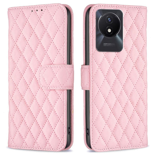 BINFEN COLOR BF Style-14 For vivo Y02 4G Imprinted PU Leather Wallet Phone Case Flip Folio Stand Cover - Pink