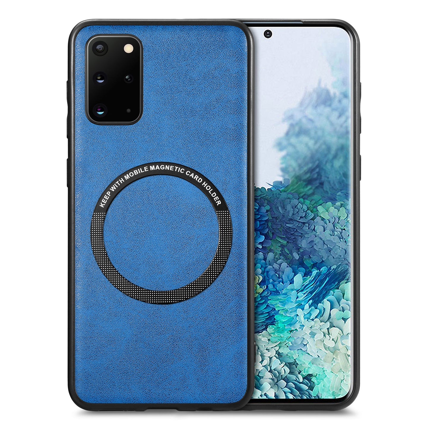 For Samsung Galaxy S20 Plus 4G / 5G Leather Coated PC+TPU Cover Phone Case Compatible with MagSafe with Magnetic Holder Metal Ring - Blue