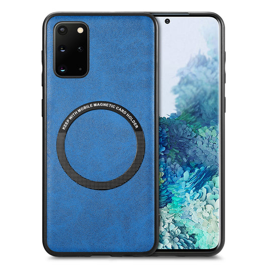 For Samsung Galaxy S20 Plus 4G / 5G Leather Coated PC+TPU Cover Phone Case Compatible with MagSafe with Magnetic Holder Metal Ring - Blue