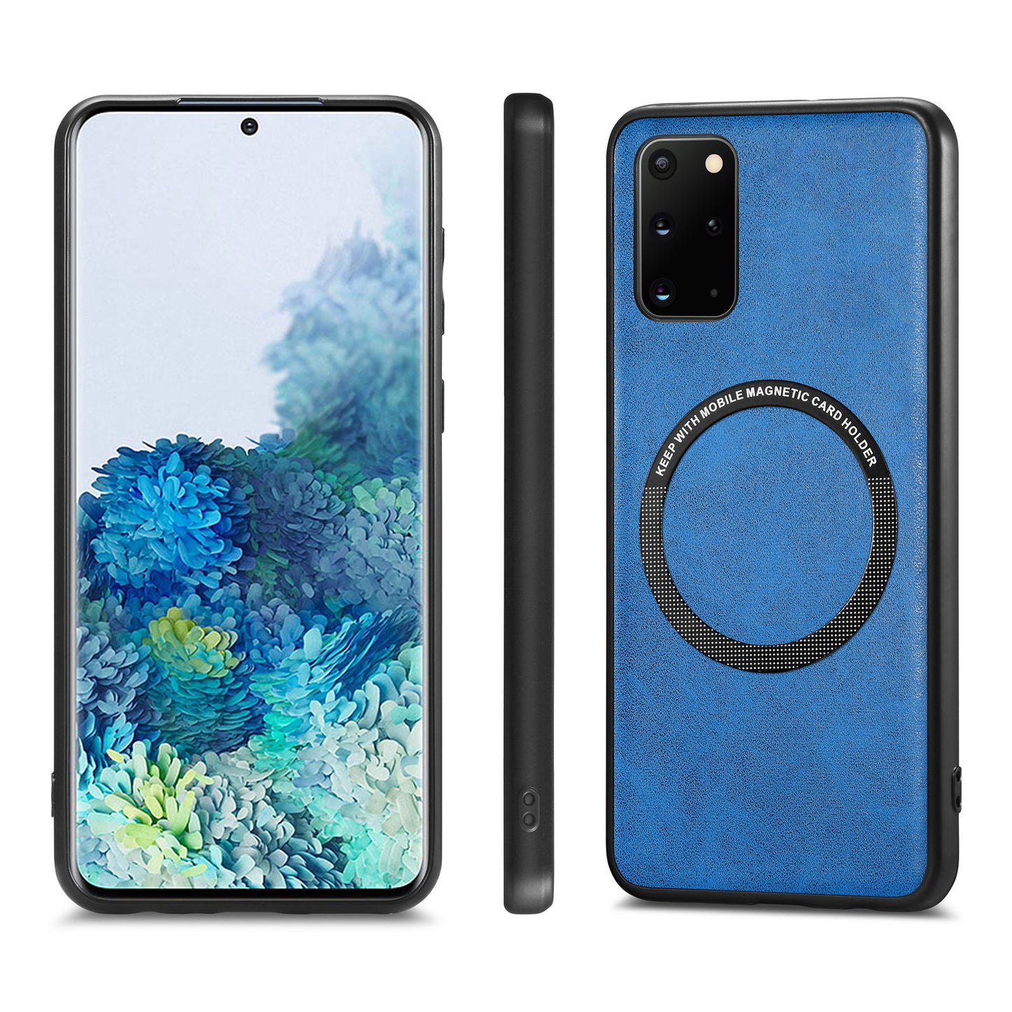 For Samsung Galaxy S20 Plus 4G / 5G Leather Coated PC+TPU Cover Phone Case Compatible with MagSafe with Magnetic Holder Metal Ring - Blue