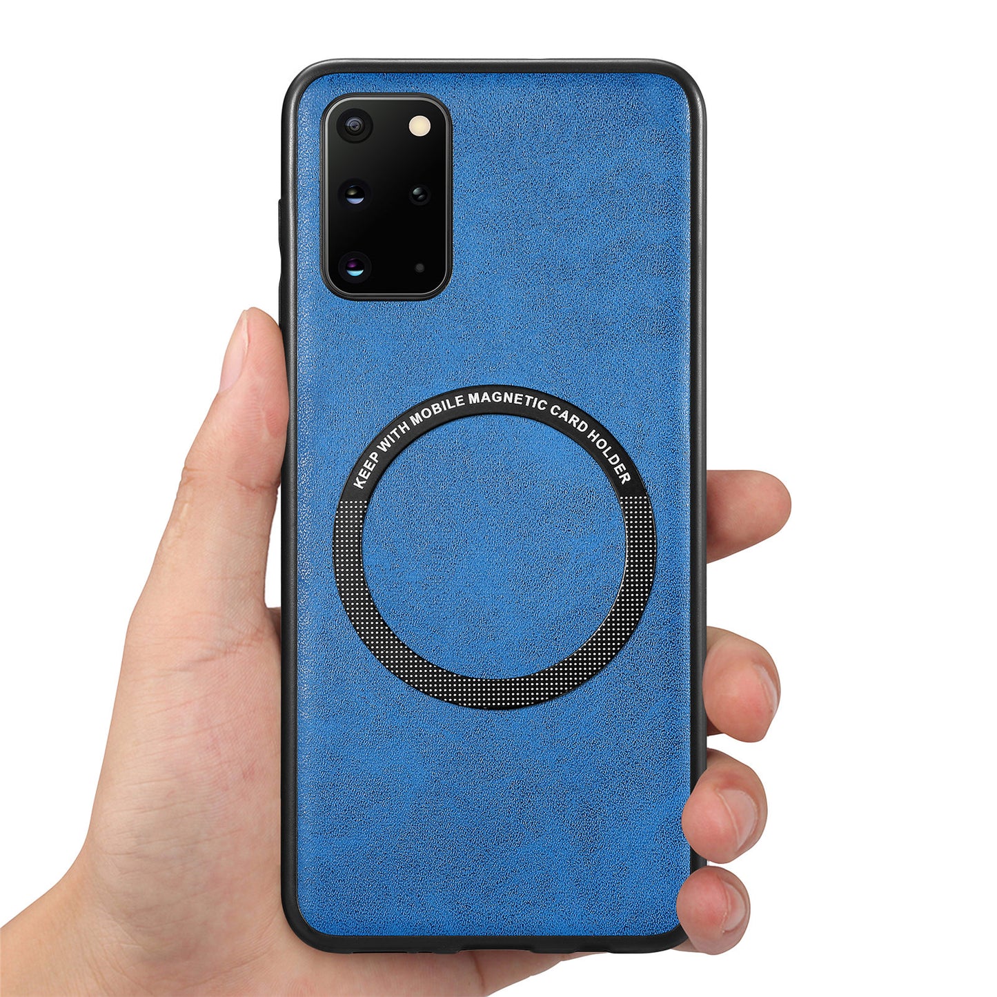 For Samsung Galaxy S20 Plus 4G / 5G Leather Coated PC+TPU Cover Phone Case Compatible with MagSafe with Magnetic Holder Metal Ring - Blue