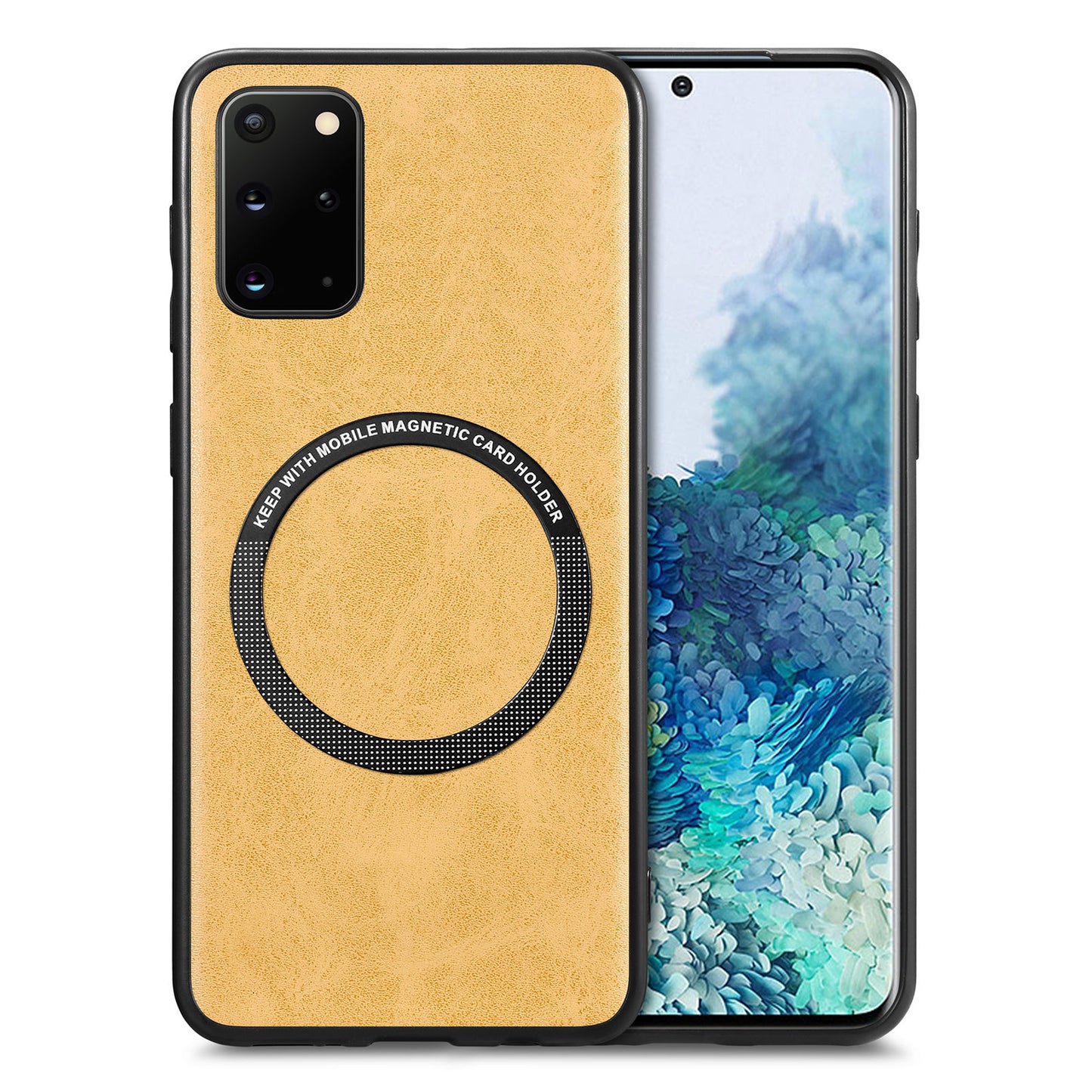 For Samsung Galaxy S20 Plus 4G / 5G Leather Coated PC+TPU Cover Phone Case Compatible with MagSafe with Magnetic Holder Metal Ring - Yellow