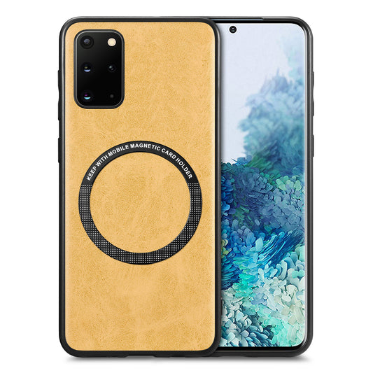 For Samsung Galaxy S20 Plus 4G / 5G Leather Coated PC+TPU Cover Phone Case Compatible with MagSafe with Magnetic Holder Metal Ring - Yellow