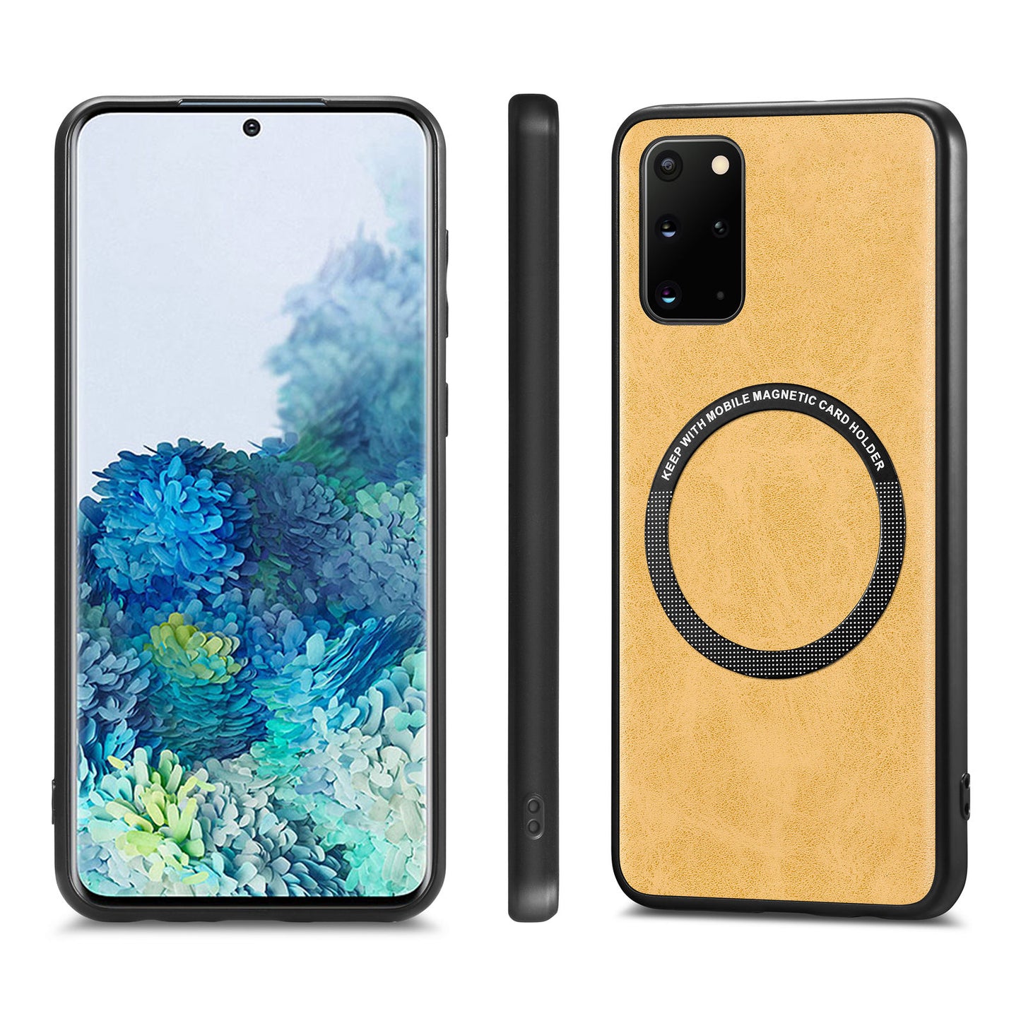 For Samsung Galaxy S20 Plus 4G / 5G Leather Coated PC+TPU Cover Phone Case Compatible with MagSafe with Magnetic Holder Metal Ring - Yellow