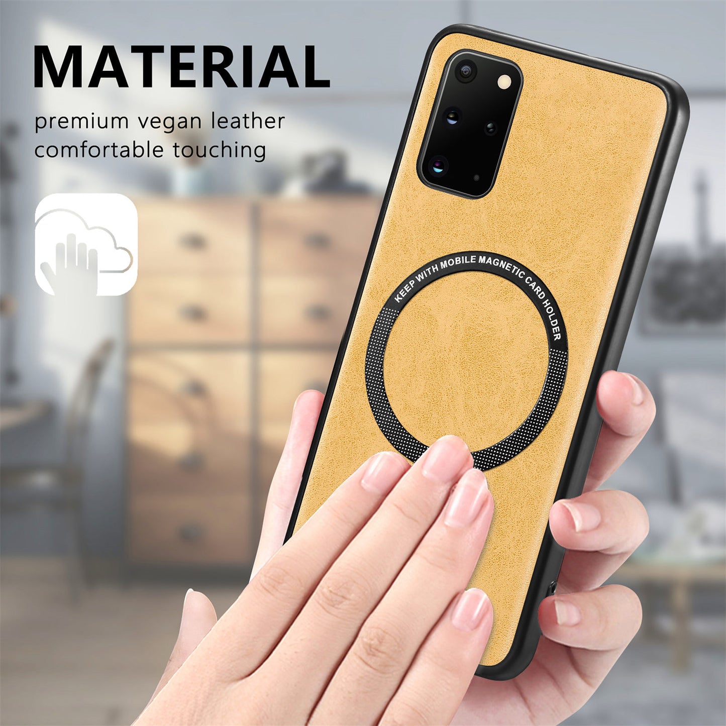 For Samsung Galaxy S20 Plus 4G / 5G Leather Coated PC+TPU Cover Phone Case Compatible with MagSafe with Magnetic Holder Metal Ring - Yellow
