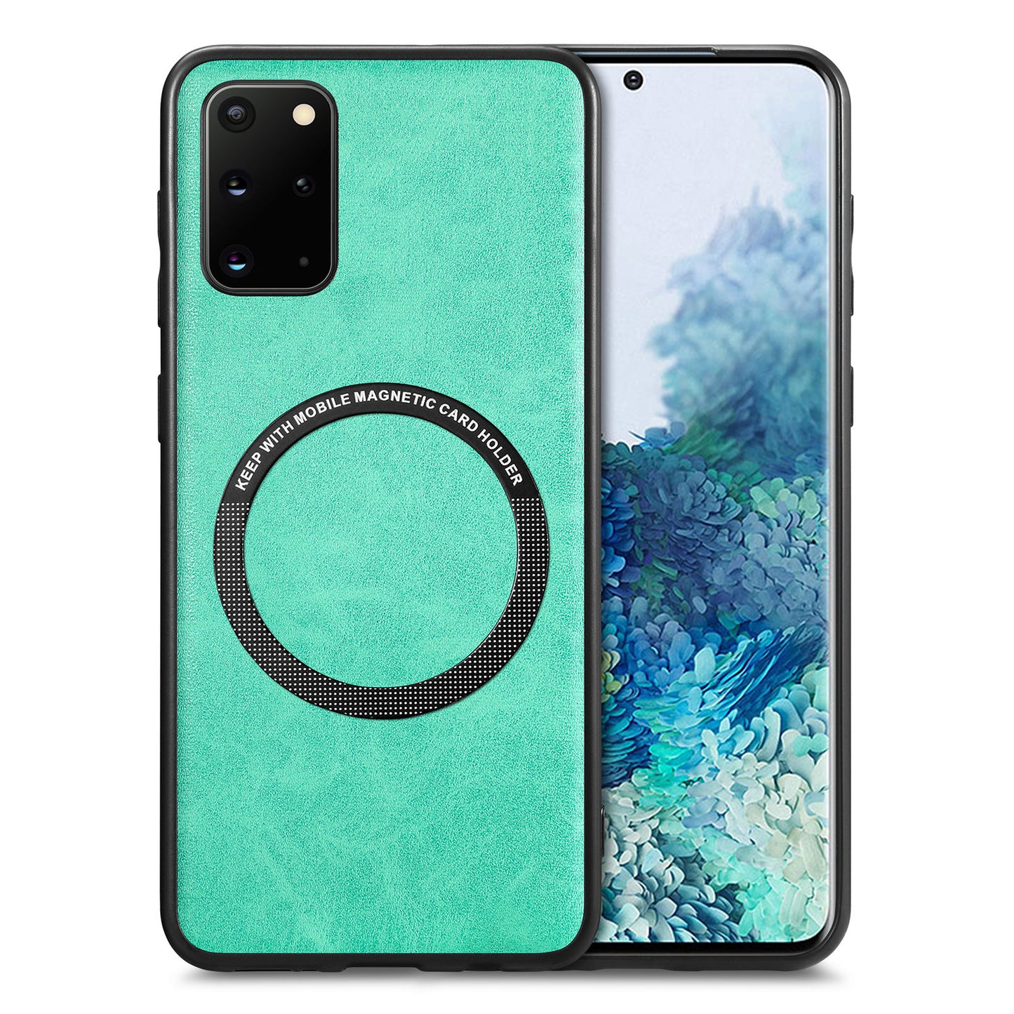 For Samsung Galaxy S20 Plus 4G / 5G Leather Coated PC+TPU Cover Phone Case Compatible with MagSafe with Magnetic Holder Metal Ring - Green