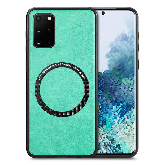For Samsung Galaxy S20 Plus 4G / 5G Leather Coated PC+TPU Cover Phone Case Compatible with MagSafe with Magnetic Holder Metal Ring - Green