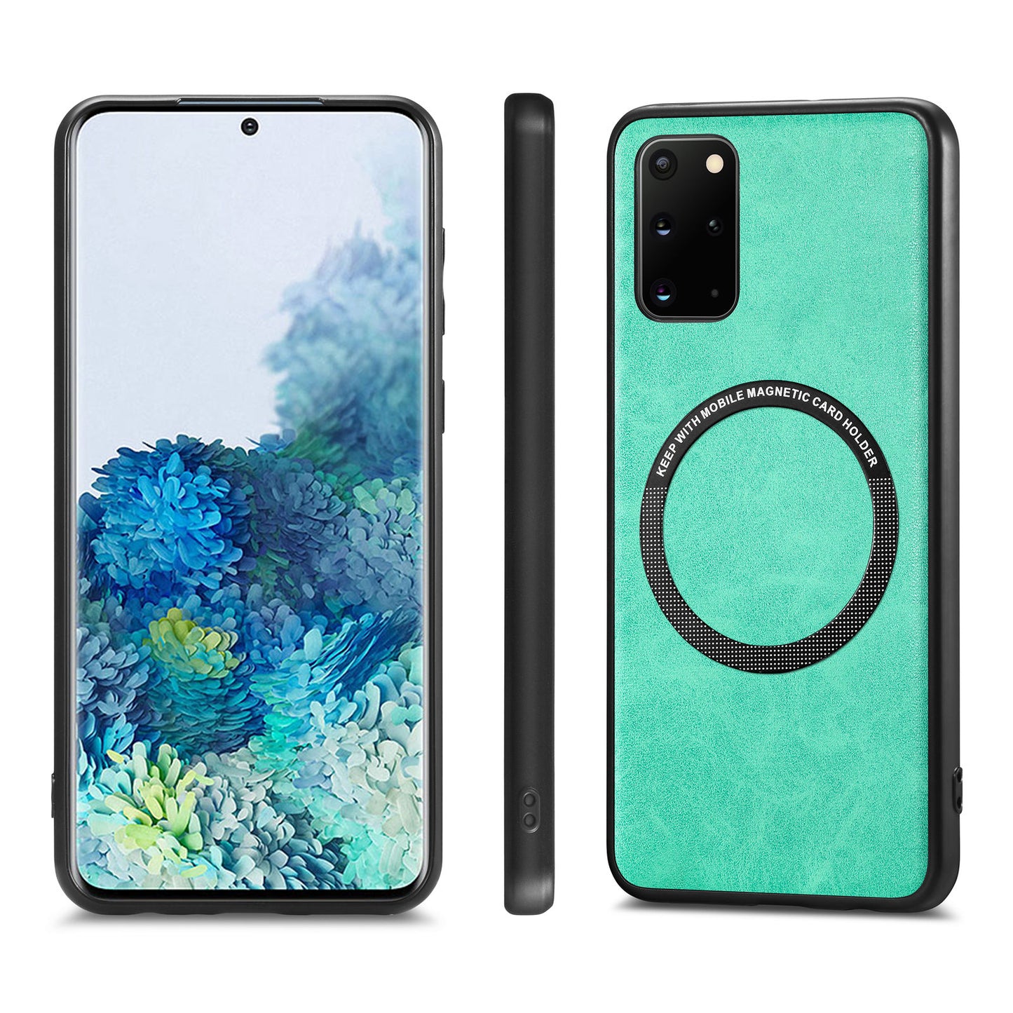 For Samsung Galaxy S20 Plus 4G / 5G Leather Coated PC+TPU Cover Phone Case Compatible with MagSafe with Magnetic Holder Metal Ring - Green