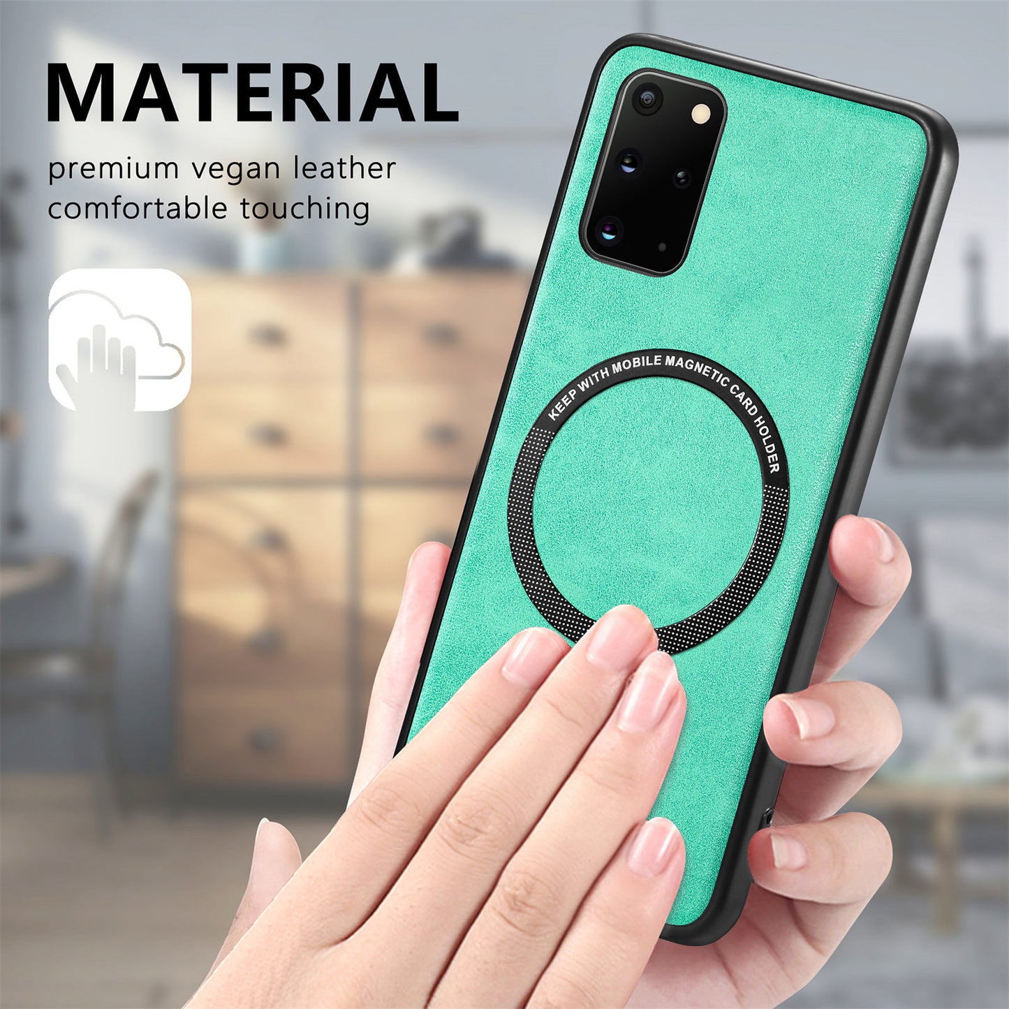 For Samsung Galaxy S20 Plus 4G / 5G Leather Coated PC+TPU Cover Phone Case Compatible with MagSafe with Magnetic Holder Metal Ring - Green