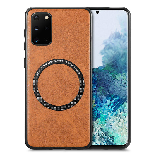 For Samsung Galaxy S20 Plus 4G / 5G Leather Coated PC+TPU Cover Phone Case Compatible with MagSafe with Magnetic Holder Metal Ring - Brown