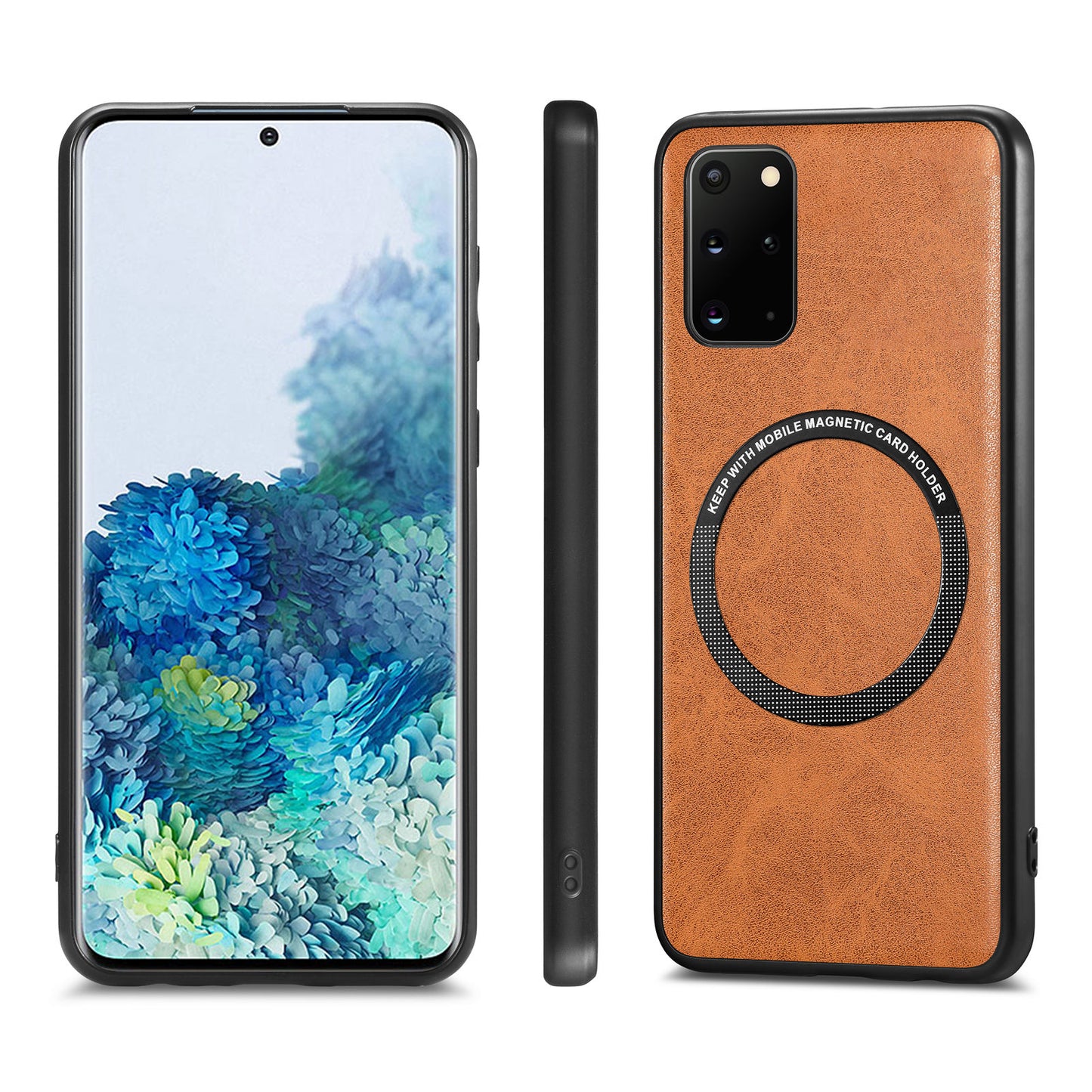 For Samsung Galaxy S20 Plus 4G / 5G Leather Coated PC+TPU Cover Phone Case Compatible with MagSafe with Magnetic Holder Metal Ring - Brown