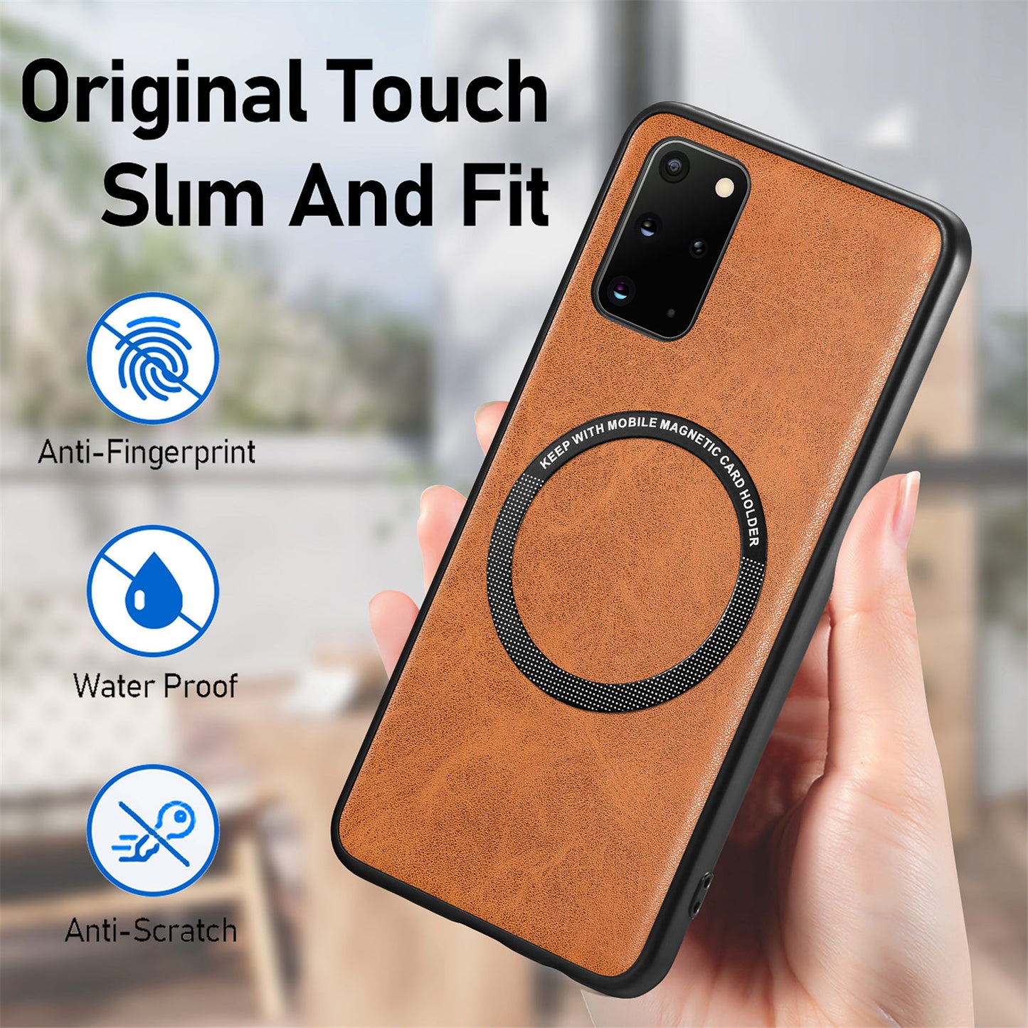 For Samsung Galaxy S20 Plus 4G / 5G Leather Coated PC+TPU Cover Phone Case Compatible with MagSafe with Magnetic Holder Metal Ring - Brown