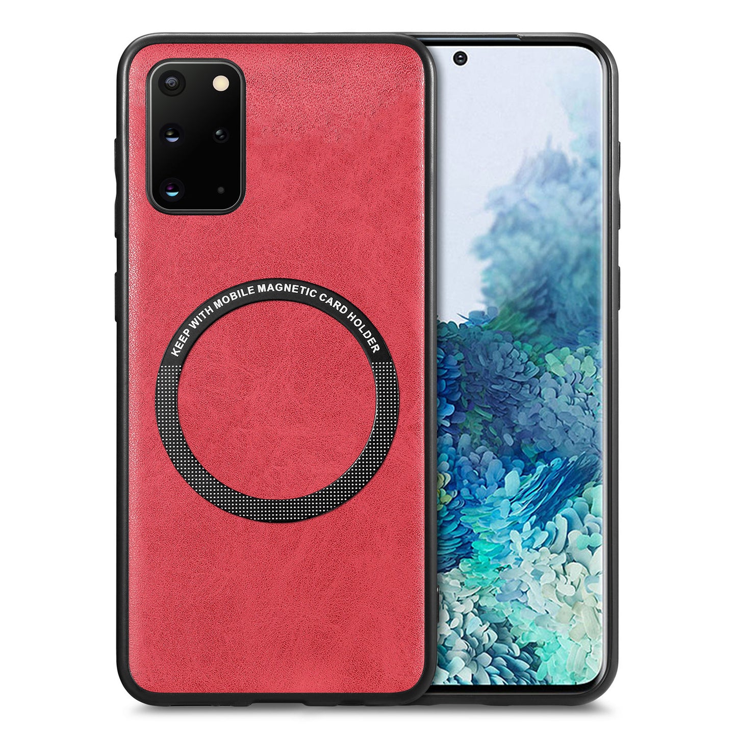 For Samsung Galaxy S20 Plus 4G / 5G Leather Coated PC+TPU Cover Phone Case Compatible with MagSafe with Magnetic Holder Metal Ring - Red