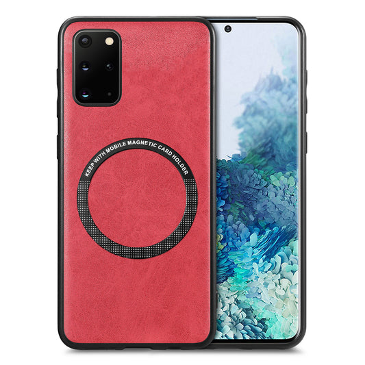 For Samsung Galaxy S20 Plus 4G / 5G Leather Coated PC+TPU Cover Phone Case Compatible with MagSafe with Magnetic Holder Metal Ring - Red