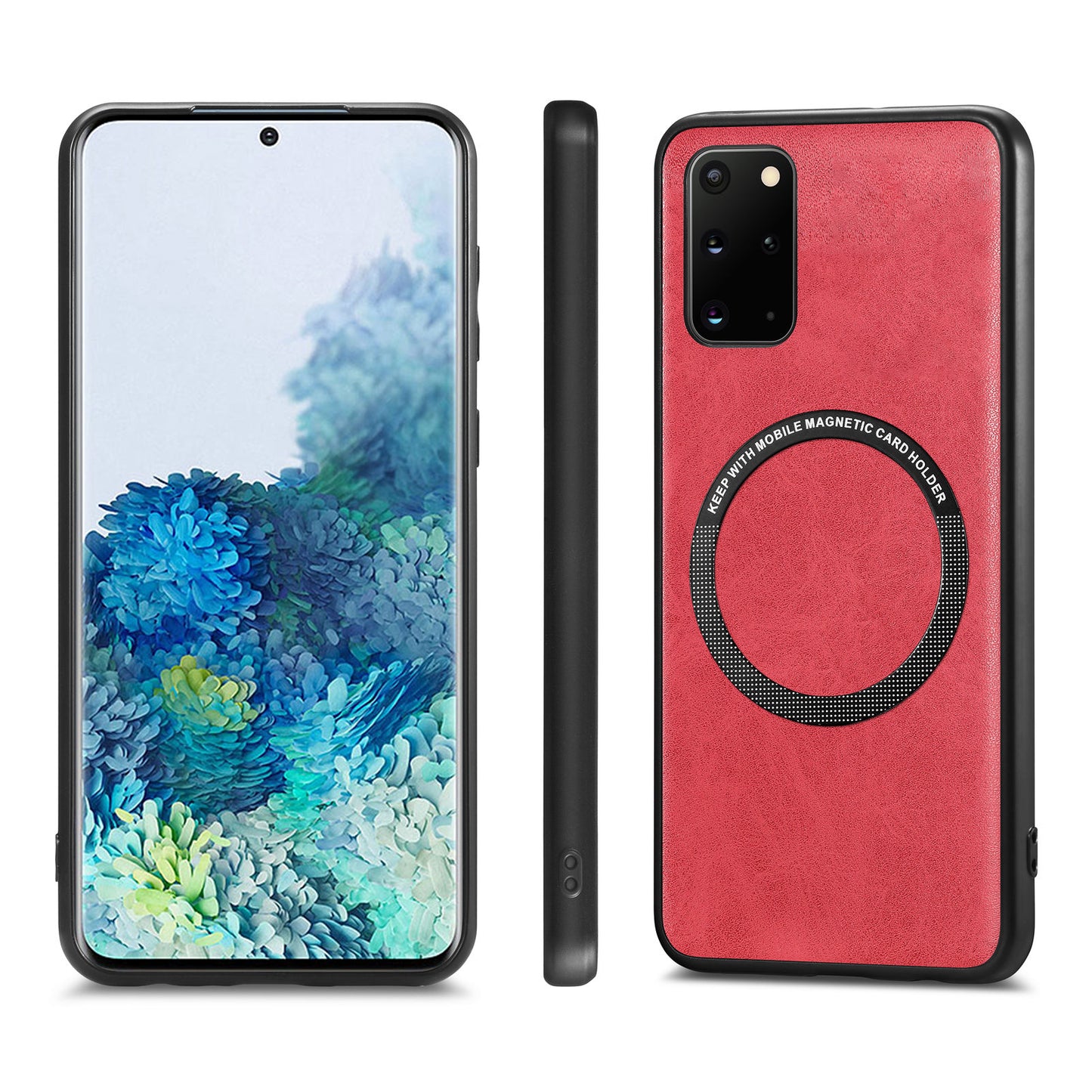 For Samsung Galaxy S20 Plus 4G / 5G Leather Coated PC+TPU Cover Phone Case Compatible with MagSafe with Magnetic Holder Metal Ring - Red
