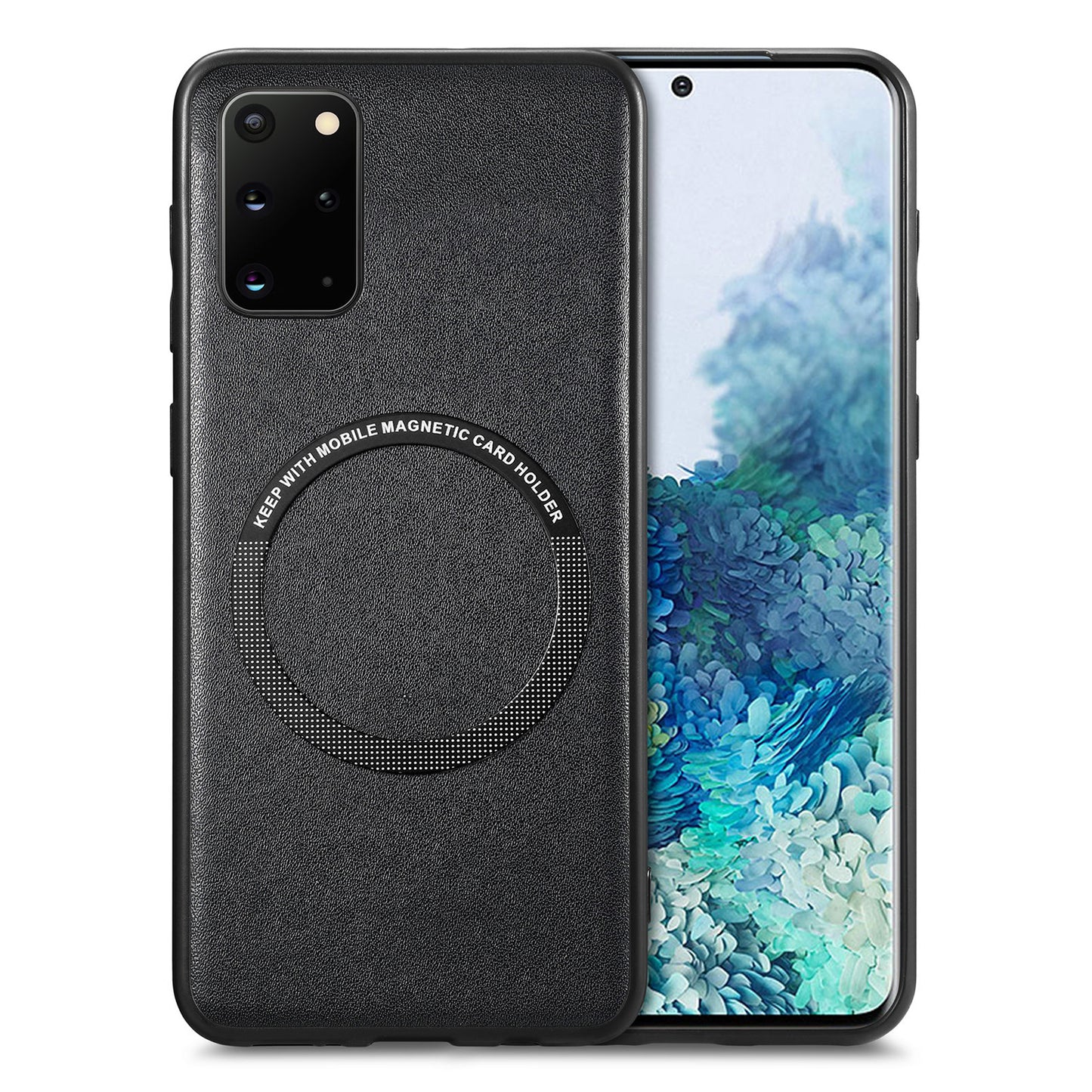 For Samsung Galaxy S20 Plus 4G / 5G Leather Coated PC+TPU Cover Phone Case Compatible with MagSafe with Magnetic Holder Metal Ring - Black